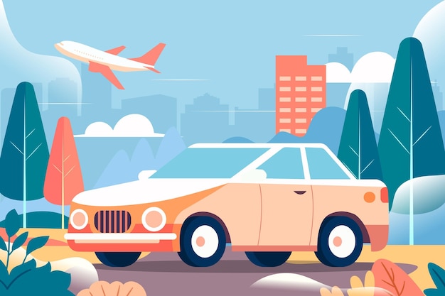 Vector may 1st labor day holiday a family drives out to travel with city buildings and mountains