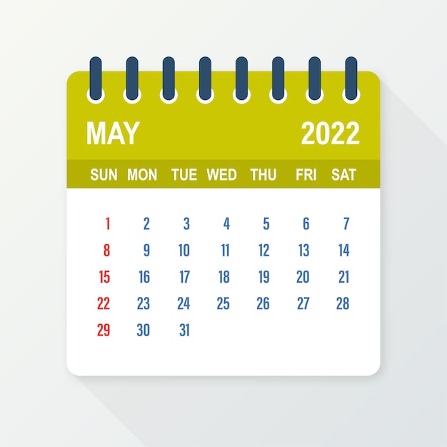 Лист календаря на май 2022 года. календарь 2022 года в плоском стиле. векторная иллюстрация.