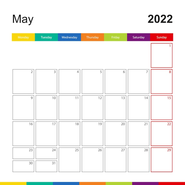 2022年5月のカラフルな壁掛けカレンダー、週は月曜日に始まります。