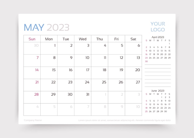 2023 年 5 月年間カレンダー デスク マンスリー プランナー テンプレート ベクトル図