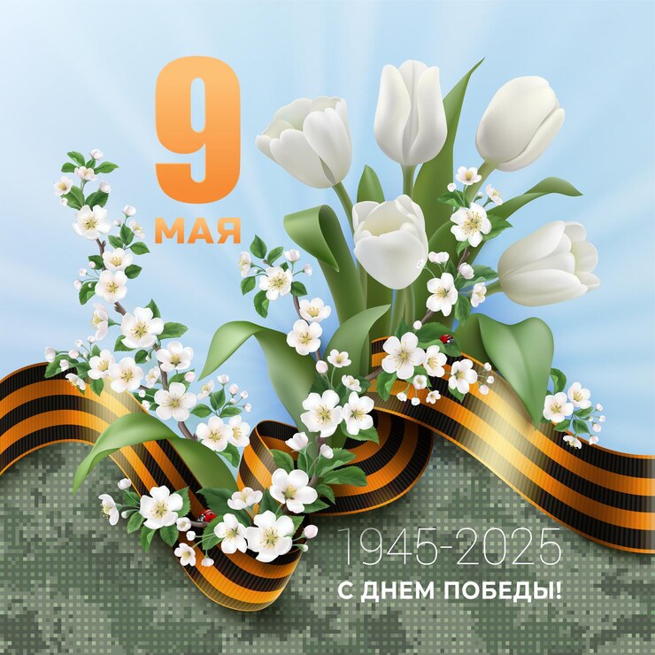Вектор поздравительная открытка на 9 мая с лентой святого георгия и цветами
