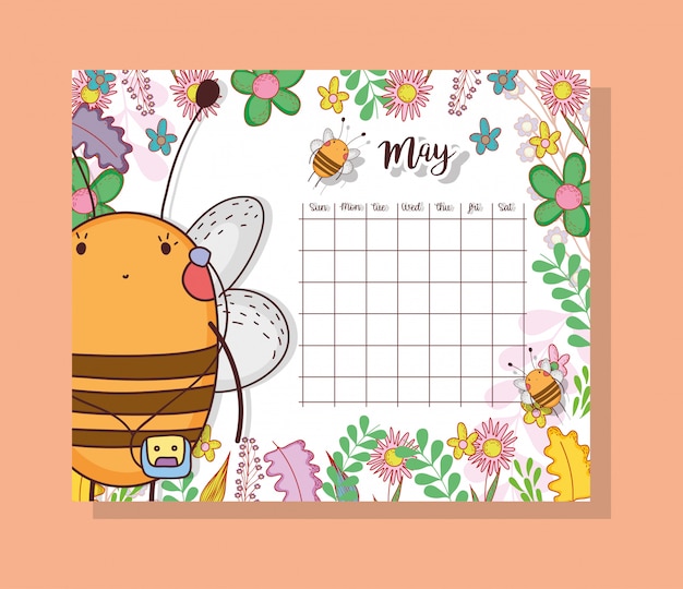 May calendar with cute bee animal