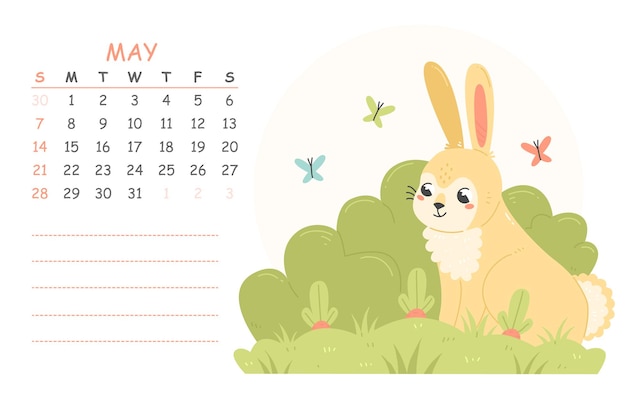 Calendario dei bambini di maggio per il 2023 con l'illustrazione di un simpatico coniglio che coltiva carote in giardino