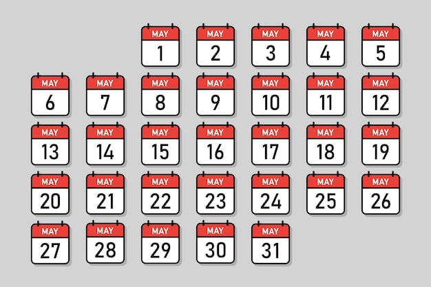 Ежедневный календарь мая в одной группе красно-белой цветной календарной  страницы с черным контуром вектора даты календаря | Премиум векторы