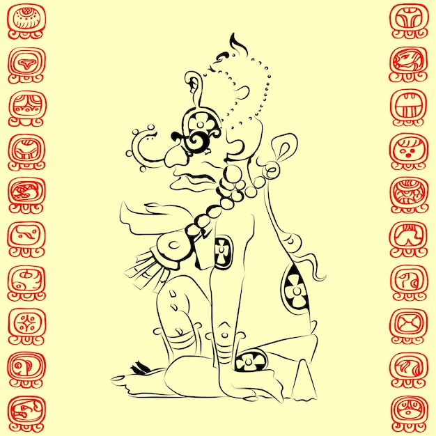 Maya-afbeelding van de godheid (sun - ah kin of kinich ahab), en maya-teken voor de namen van dagen