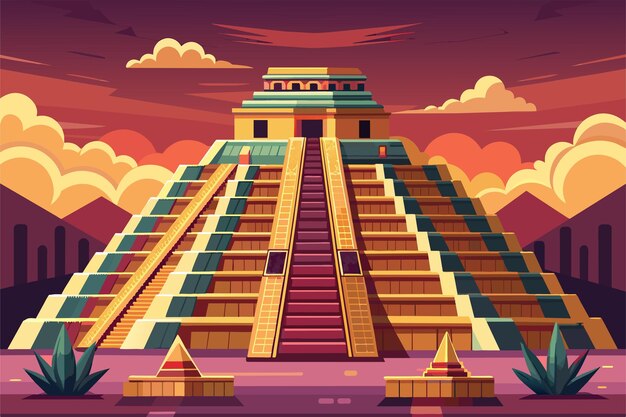 Vector maya pyramid with intricate carvings and steps leading to the top surrounded by lush jungle vegetation