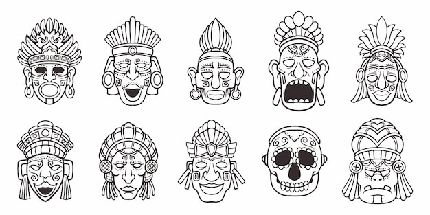 Maya tribal gezichtsmasker symbolen instellen tekening