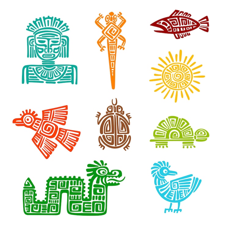 Vector mayan aztec totem animals with inca pattern