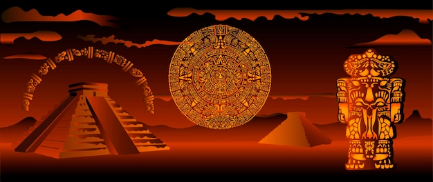 Vettore piramidi maya sullo sfondo di un paesaggio di montagna
