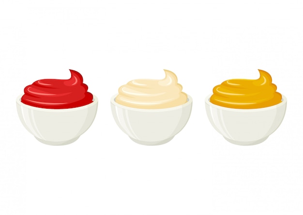 Vector mayonnaise, mustard, tomato ketchup. sauces in bowls.  illustration