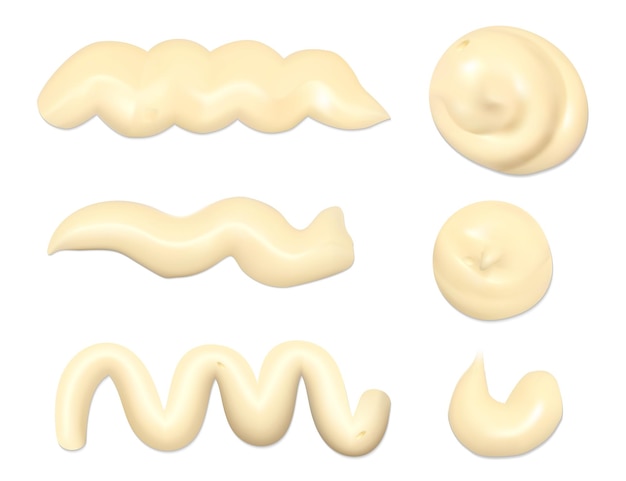 Mayonnaise sauce drops. Collection of realistic cheese sauce smears.  illustration of cream yogurt texture blobs isolated on white background.