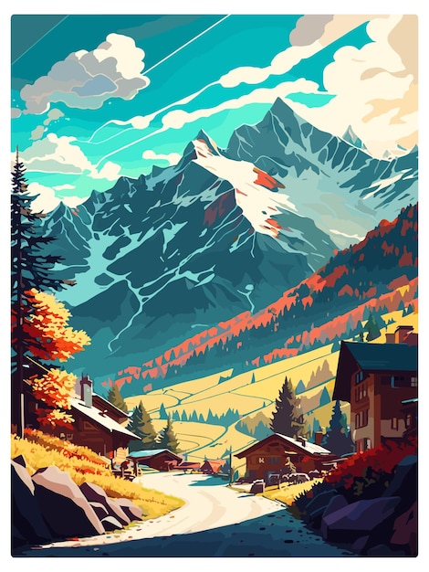 Vettore mayrhofen austria vintage travel poster souvenir postcard ritratto pittura wpa illustrazione