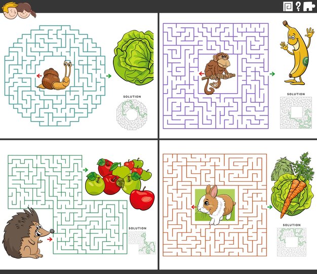 Maze activities set with cartoon animals and their food