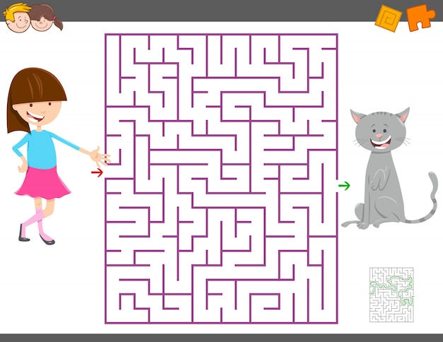 Maze activity game for kids with girl and her cat