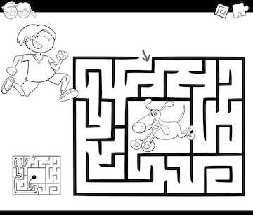 Premium Vector | Maze activity game with boy and dog