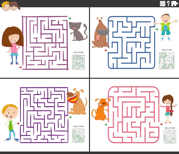 Maze activity games set with cartoon children ant their pets