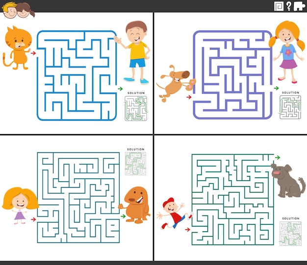 Maze activity games set with cartoon children ant their pets