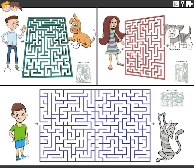 Maze activity games set with cartoon children ant their pets