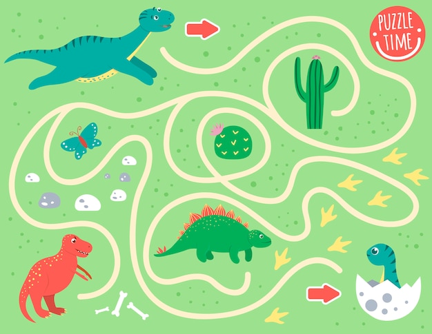 Maze for children. Preschool activity with dinosaur. Puzzle game with diplodocus, T-rex, baby dino. Cute funny smiling characters.
