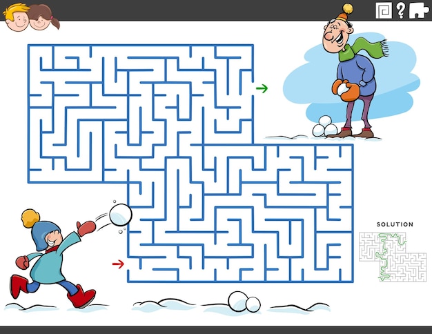 maze educational game with boy and dad on winter time