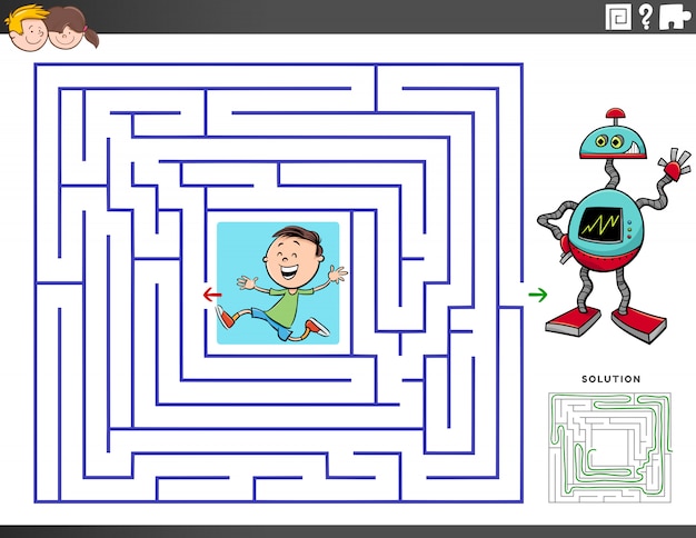 Лабиринт обучающая игра с мальчиком и игрушечным роботом