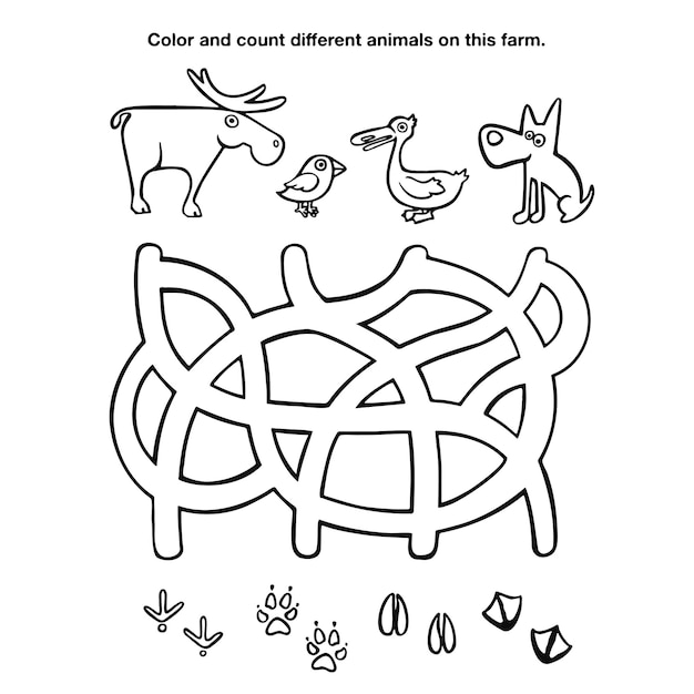 Maze find traces of the animal coloring book