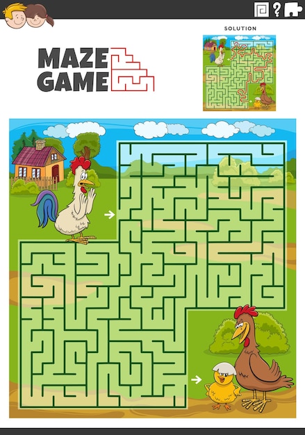 Maze game activity with cartoon chickens characters