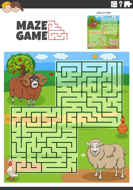 Maze game activity with cartoon sheep characters