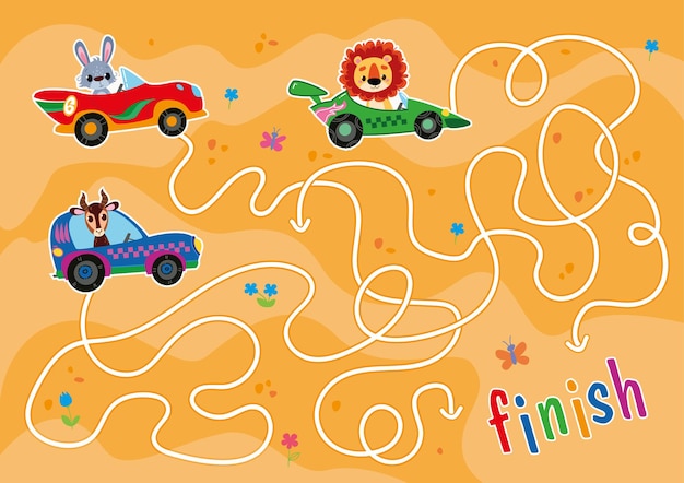 Vettore un gioco di labirinti per ragazzi che corrono nel deserto aiuta le auto a raggiungere il traguardo autisti animali