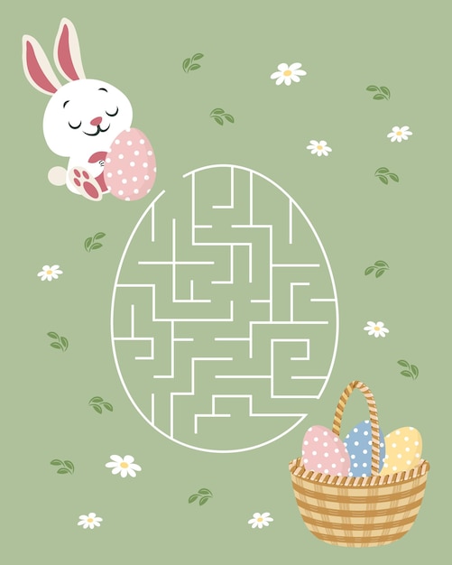 Лабиринт игры кролик с яйцом и корзиной пасхальных яиц детская развивающая головоломка illustratio