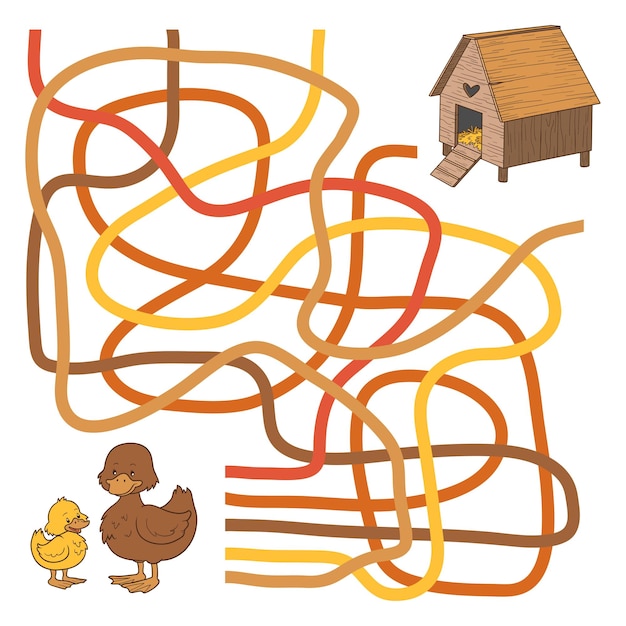 Maze game for children cartoon farm bird ducks and house