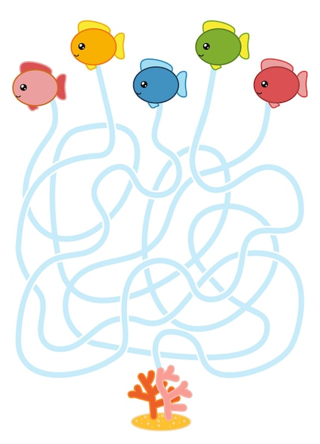 Maze game for children, education worksheet. Fish and Coral reef