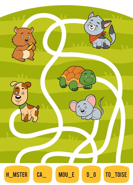 Maze game for children. Find the way from the picture to its title and add the missing letters. Set of domestic animals. Mouse, Cat, Hamster, Dog and Tortoise