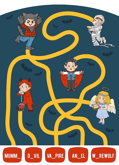 Maze game for children. Find the way from the picture to its title and add the missing letters. Set of Halloween characters