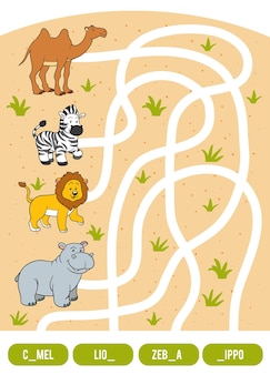 Gioco del labirinto per bambini. trova la strada dall'immagine al suo titolo e riempi le lettere mancanti. cammello, zebra, leone e ippopotamo