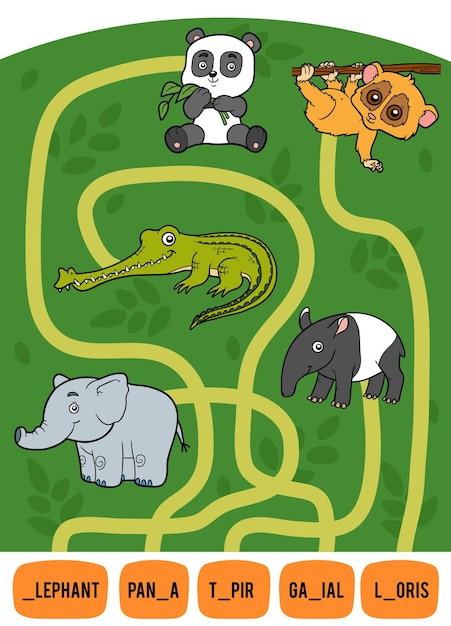 어린이를 위한 미로 게임 그림에서 제목으로 가는 길 찾기 열대 동물 세트