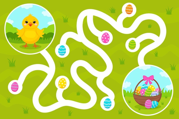 Vector maze game for children help easter chicken collect all the eggs in basket vector flat illustration