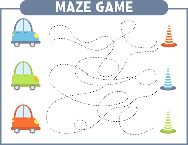 Maze game Find the right route for colorful cars Worksheet for kids