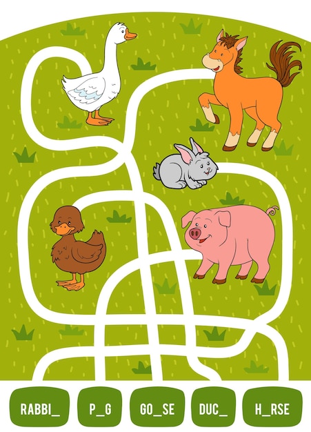 子供のための迷路ゲーム。写真からそのタイトルまでの道を見つけて、不足している文字を埋めてください。ウサギ、アヒル、豚、ガチョウ、馬