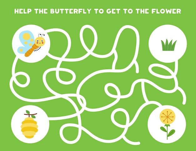 Vector maze game for kids. help cute butterfly to get to the flower. worksheet for children.