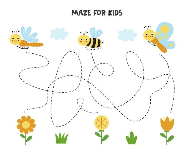 Maze game for kids. help cute insects get to the flowers. worksheet for children.