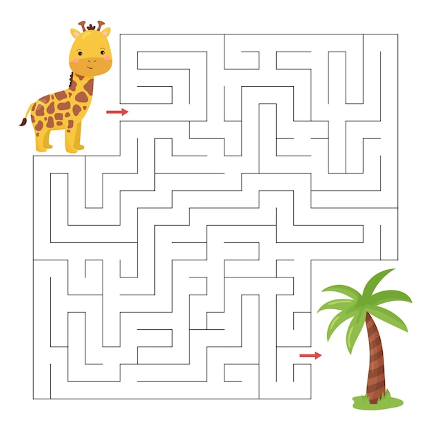 Gioco del labirinto per i bambini con la giraffa e la palma del bambino sveglio del fumetto