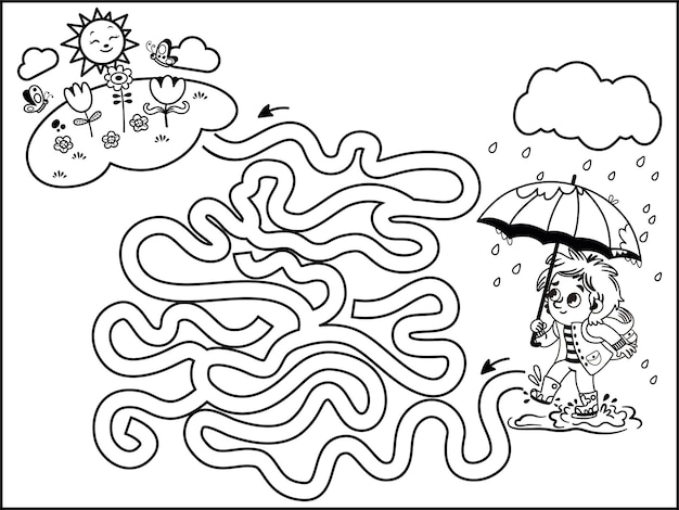 계절 콘텐츠 흑백 벡터 일러스트와 함께 아이들을위한 미로 게임
