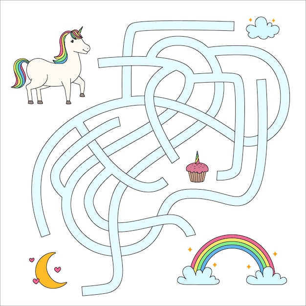 Maze game labyrinth for kid with unicorn fairy tale find the right path