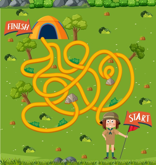 Maze game template in camping theme for kids