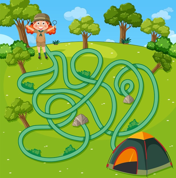 Maze game template in camping theme for kids