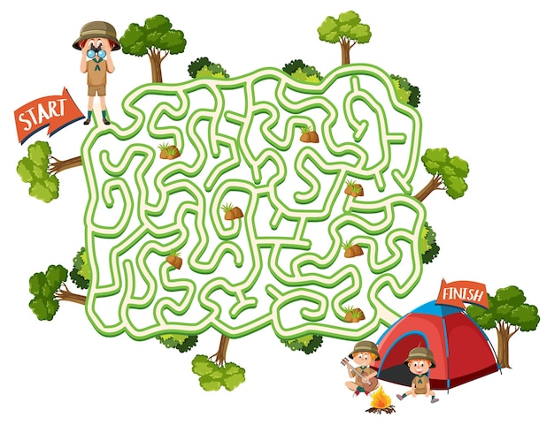 Vector maze game template in camping theme for kids