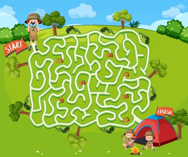 Maze game template in camping theme for kids