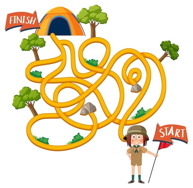 Vector maze game template in camping theme for kids