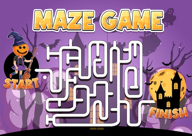 Vector maze game template in halloween theme for kids